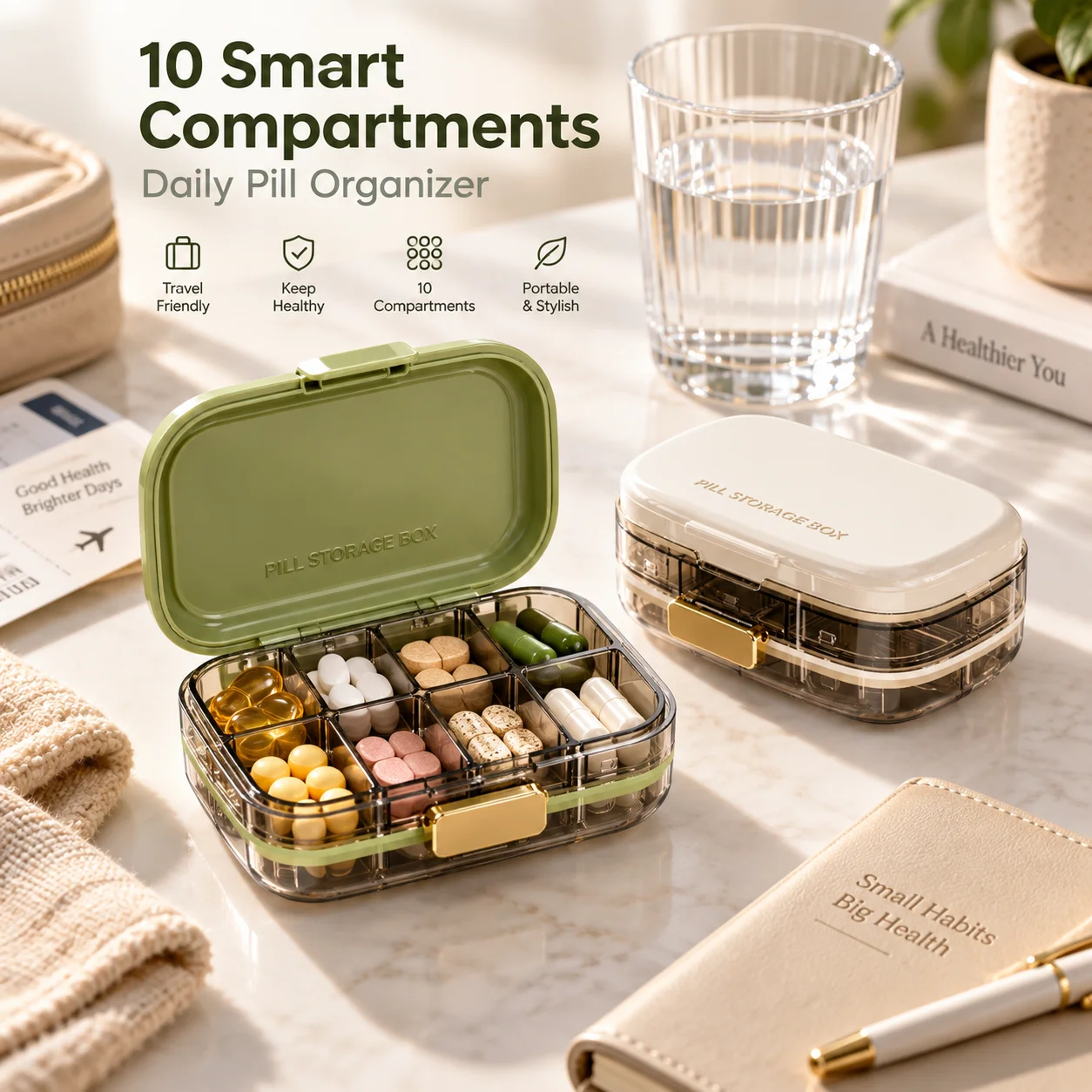 Portable 10-Slot Pill Case for Travel and Daily Use, Compact Vitamin Organizer with Label and Secure Closure
