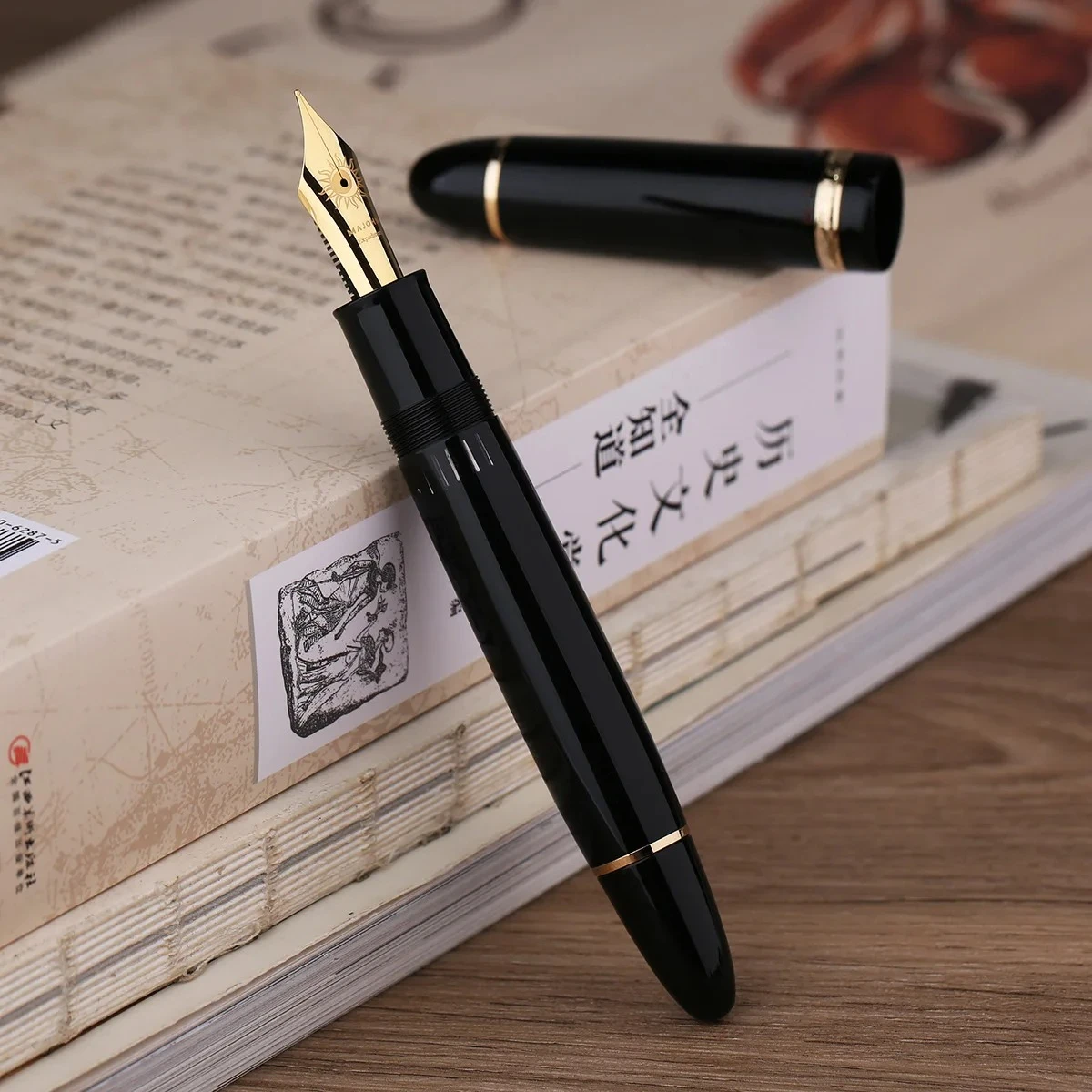 New MAJOHN P141 Copper Piston Fountain Pen #8 F/M Nib Luxury Black Resin Writing Ink Pen with View Ink Window Germany Design