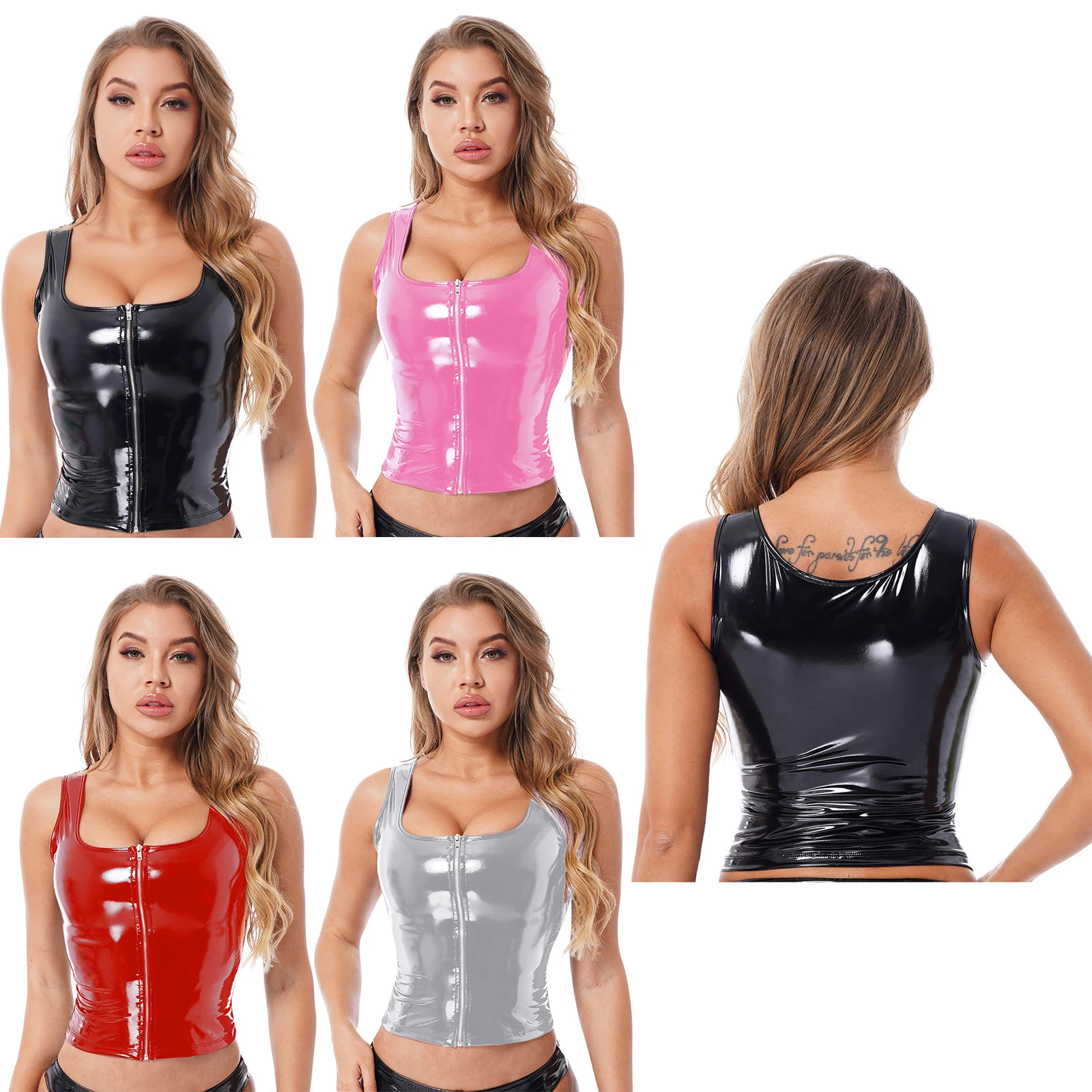 Sexy Women Front Zipper Patent Leather Crop Tank Tops Wetlook Glossy Latex Cami Corsage Top Gogo Paty Pole Dance Clubwear