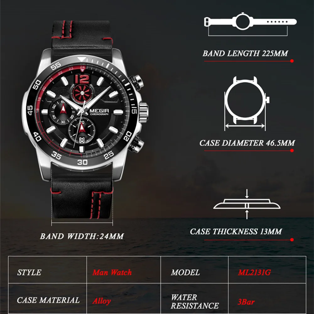 MEGIR Brand Original Men Watches Quartz Chronograph Luxury Leather Strap Sports Military Watch Waterproof Date Clock Wristwatch