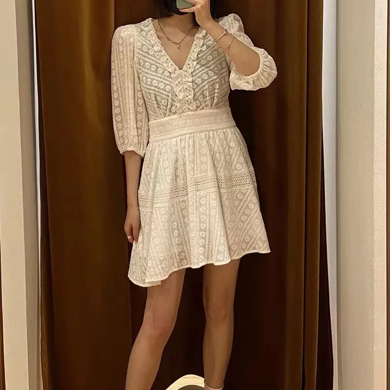 

Women White V Neck Half Sleeve Dress Lace Office Ladies Elegant Mini Dress
