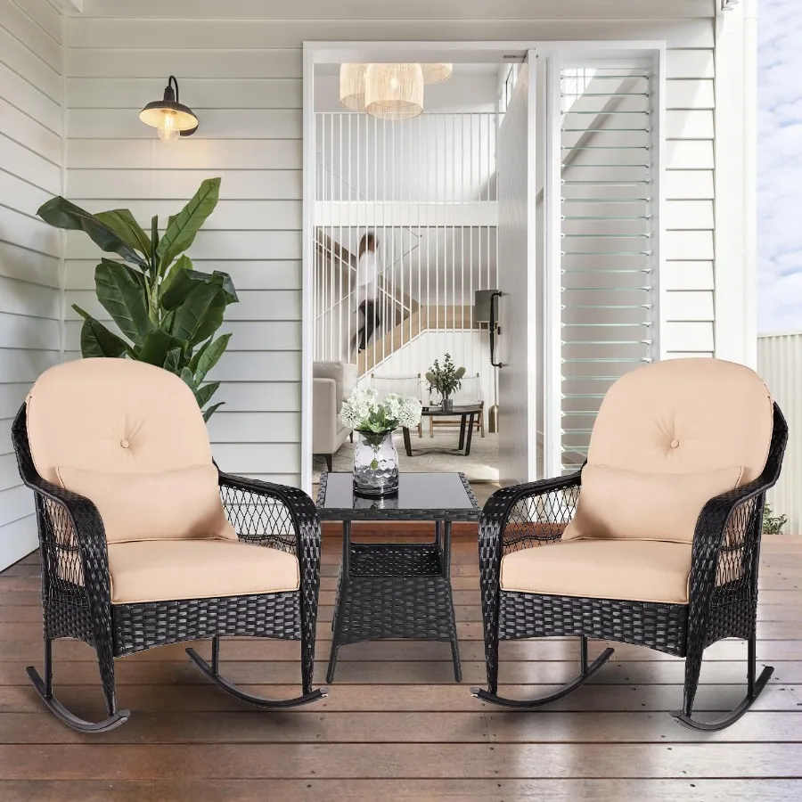 3PCS Outdoor Wicker Rocking Chair Furniture Sets Patio Rattan Rocker Chairs with 2 Rattan Chairs Cushions Glass Top Side Table