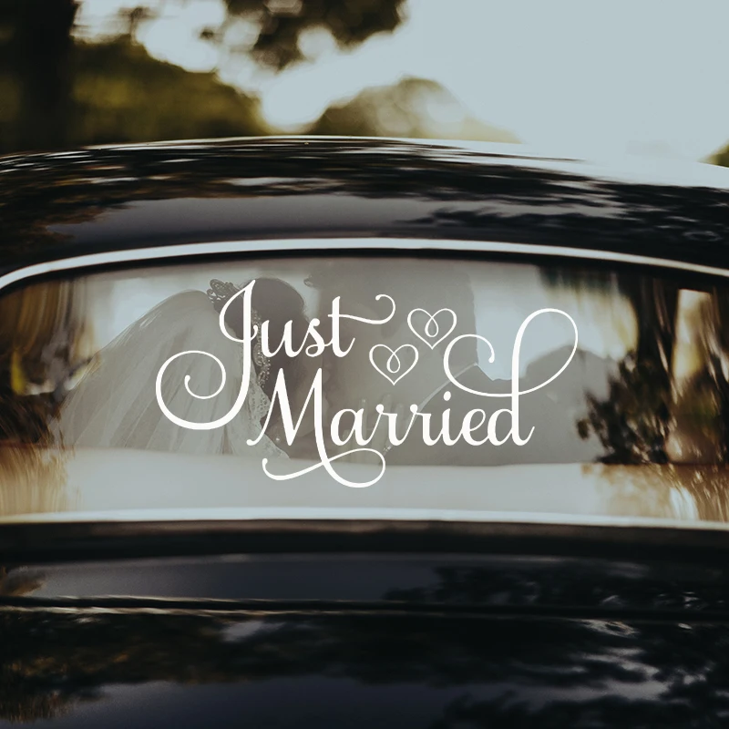 Just Married Car Decal, Car Decorations For Wedding, White 24