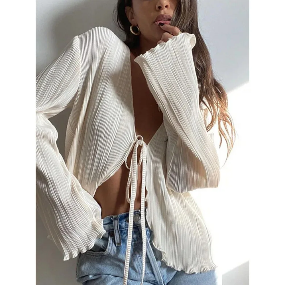 

2025 Women Pleated Plain Shirts Spring Fall Chic Long Flare Sleeve V- Neck Tie Up Cardigans Tops for Casual Party Street