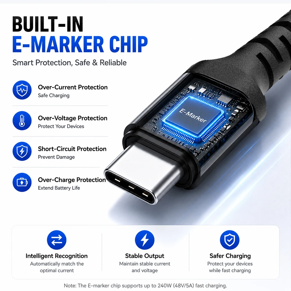 Parallel World Kabel USB-C do USB-C Parallel World 240W, wysokiej jakości kabel typu C z wbudowanym chipem E-Marker — zdjęcie produktu 2