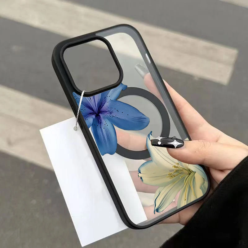Blue Lily Flower Print Magnetic Clear Phone Case for Samsung Galaxy S26 Ultra S25 Plus S24 FE S23 A07 A17 A37 A57 A56 A55 Cover