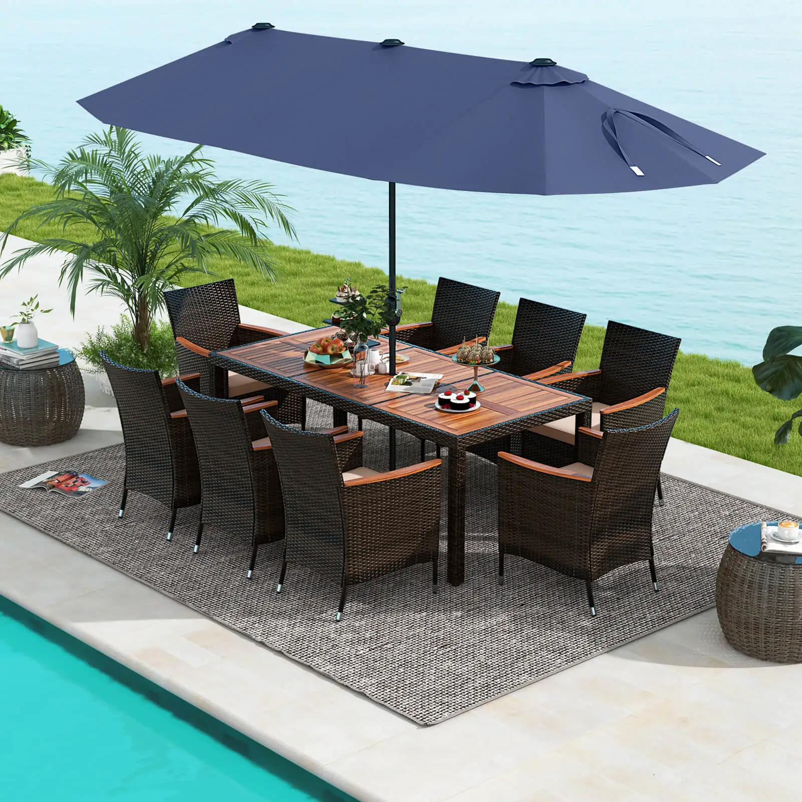 11 PCS Patio Dining Set with 15ft Double-Sided Patio Umbrella (Base Included) Navy