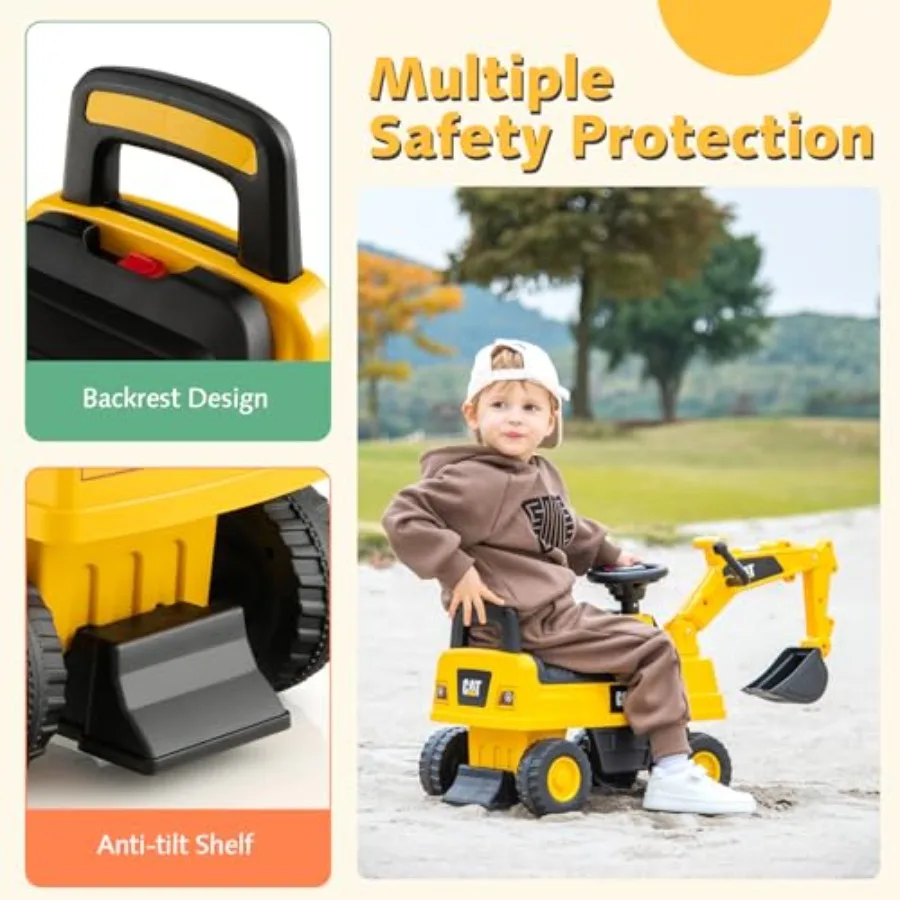 幼児向けプッシュカー、ライセンス取得済みキャタピラーライドオンショベルカー、回転式掘削バケット、リアルな運転席、ホーン、隠し収納付き