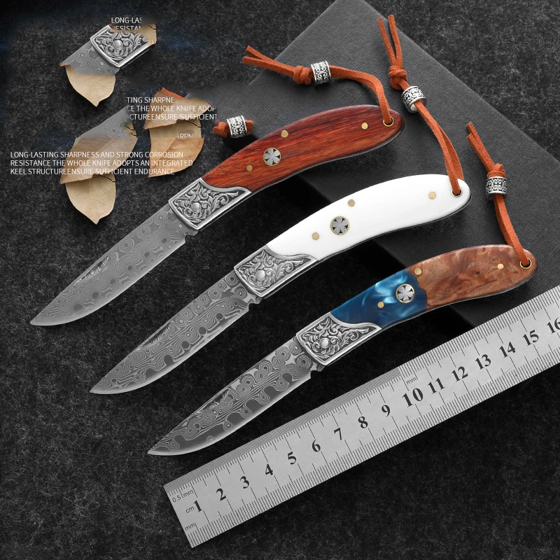 

Damascus Steel Folding Knife High Hardness Sharp Gift Knife Camping Portable Pocket Knife Home Fruit Barbecue Knife Outdoor Fold