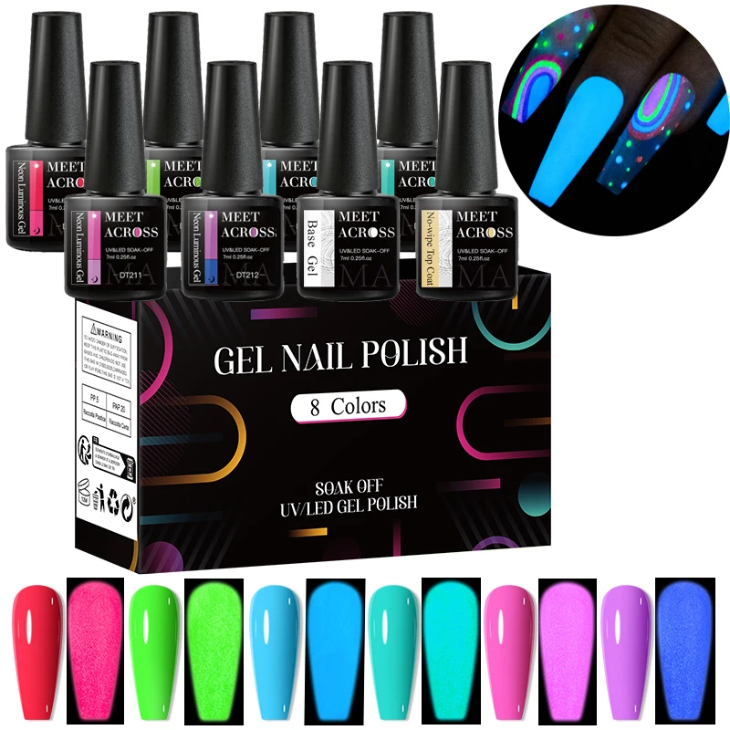 MEET ACROSS 8Pcs/Set Glow In Dark Gel Nail Polish Glitter Luminous Fluorescent Gel Vernis Semi Permanent Nail Art UV LED Varnish