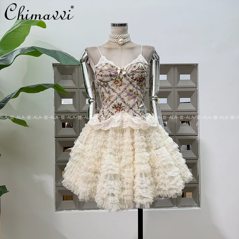 

French Style Elegant Sweet Lace Jacquard V-neck Lace-up Slim Camisole Tops High Waist Mesh Short Skirts Two-piece Set for Women