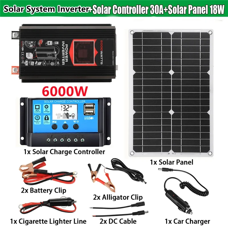 Solar Power Generation System 6000W Power Inverter with Smart LCD Display Dual USB 12V To 110/220V with 30A Solar Controller Set