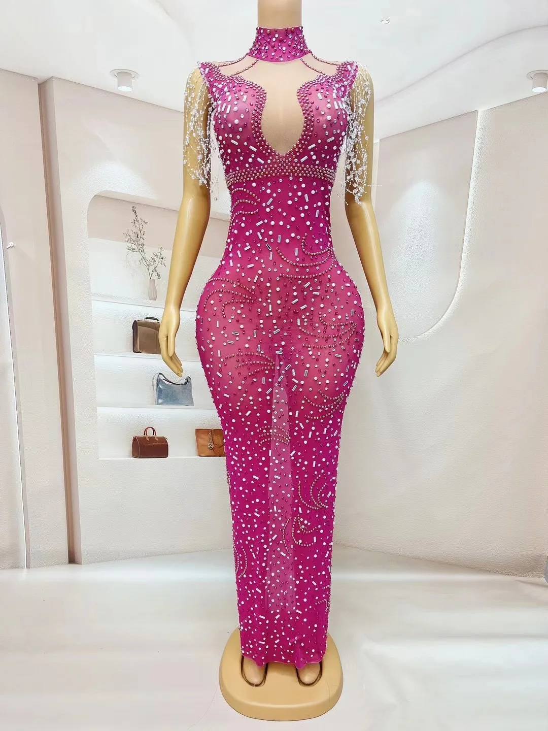 

Shining Silver Rhinestones Colorful Pearlsransparent Sleeveless Dress Birthday CelebrateSexy Outfit Prom Collection C198