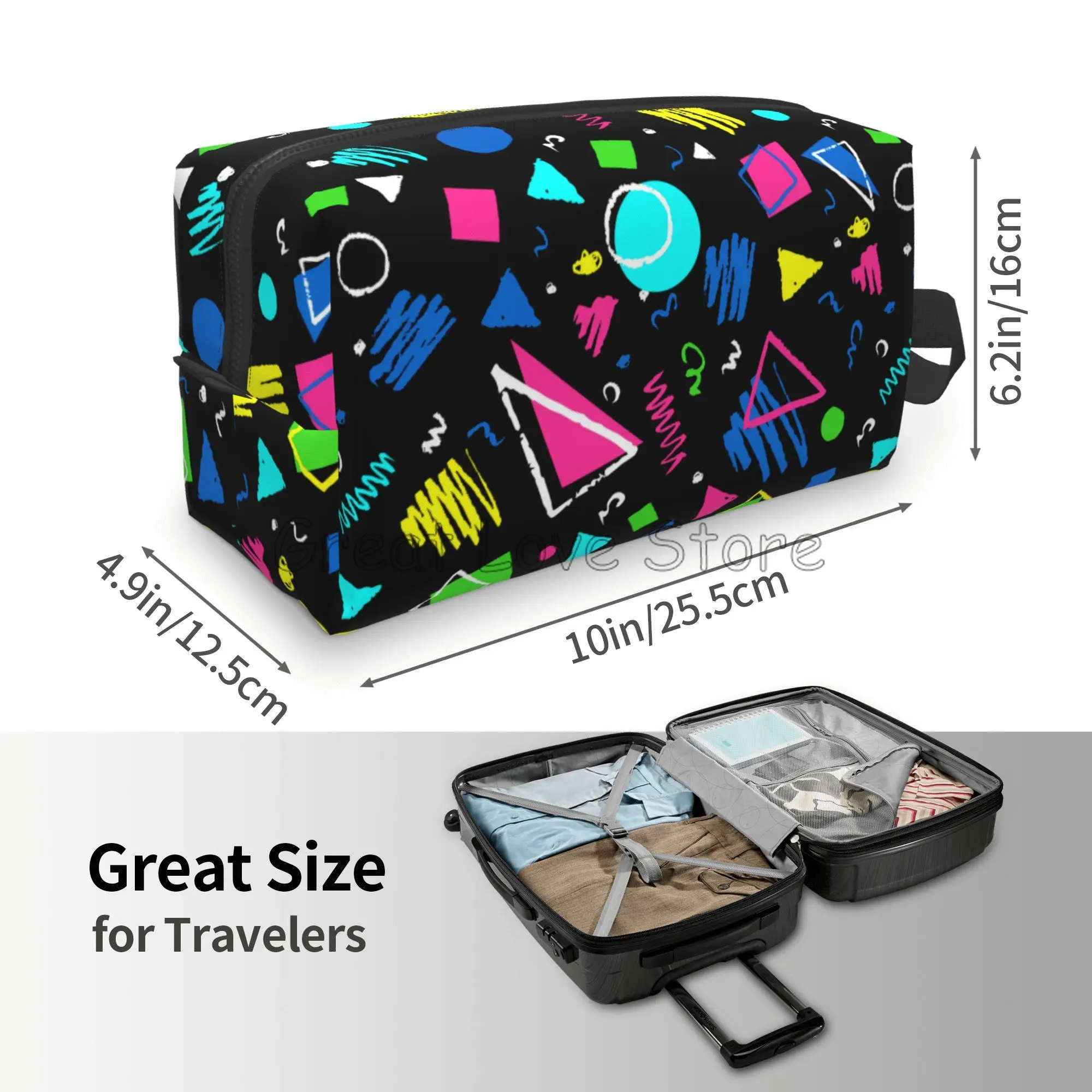 الرجعية 80s 90s الرموز هندسية طباعة حقيبة مستحضرات تجميل السفر حقيبة مستحضرات التجميل المحمولة حقيبة أدوات الزينة المنظم الحقيبة مع سحاب ومقبض