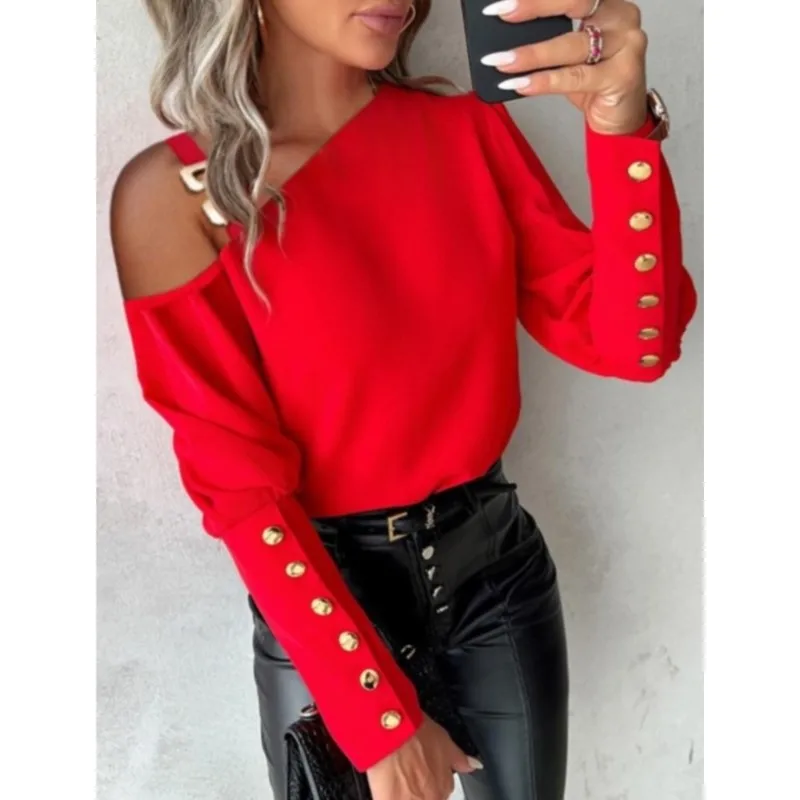 Versatile Off Shoulder Blouse Women Casual Long Seelve Metal Buckle Elegant Button Decor Shirts Famale Fashion Lady Loose Tops