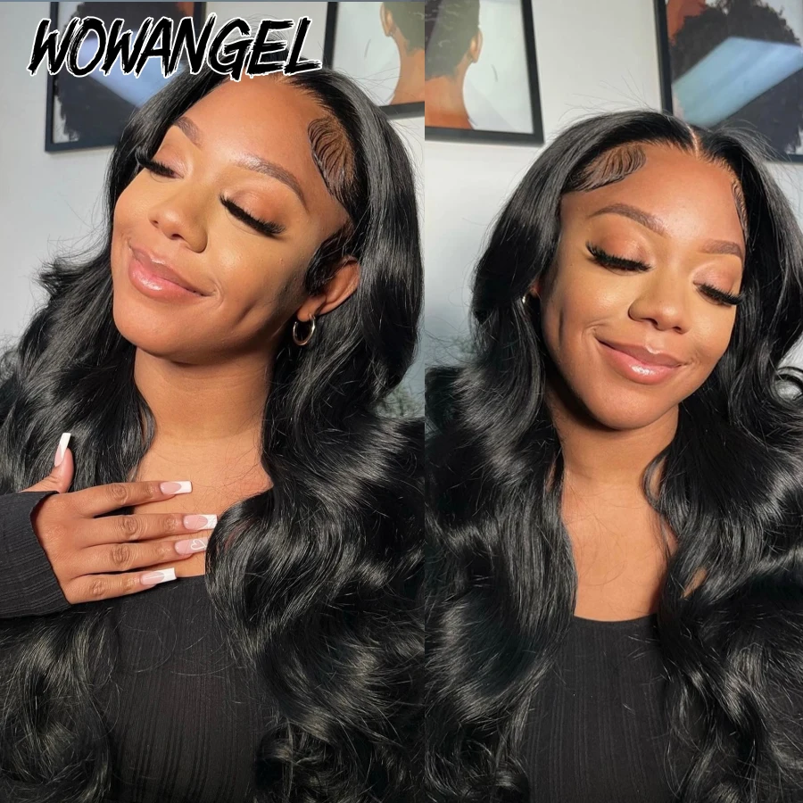 Wow Angel-pelucas de cabello humano con encaje Frontal completo para mujer, pelo negro azabache de 13x4 HD, onda corporal, ultrafino, HD, prearrancado, 250%