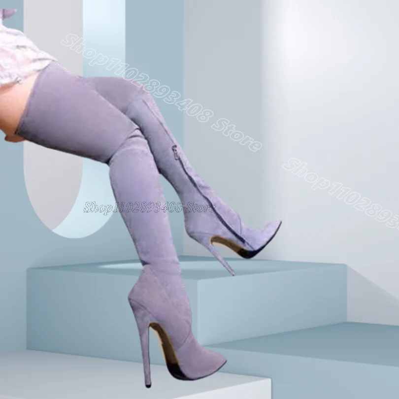 

Gray Flock Side Zipper Boots Pointed Toe Party Dress Fall Design for Women Casual Dress Over Knee Boots 2025 Zapatos Para Mujere