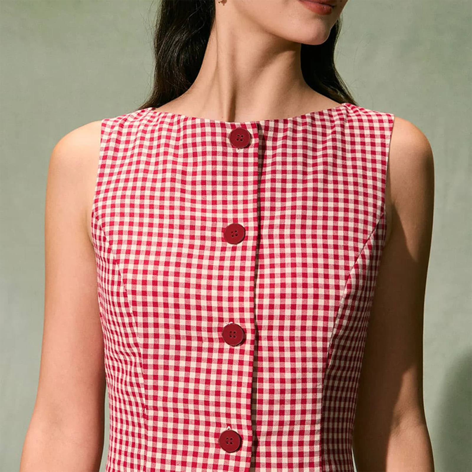 Combhasaki feminino 2025 verão elegante mini vestido xadrez sem mangas em torno do pescoço botão para baixo fino ajuste a linha vestido curto