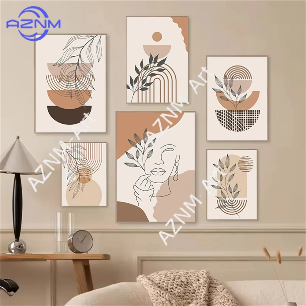 1 Stück/6 Stück Retro Boho Pflanzen Abstraktes Poster Gemälde Geometrie Regenbogen Sonne Leinwanddruck Blätter Wandkunst Moderne Wohnzimmerdekoration