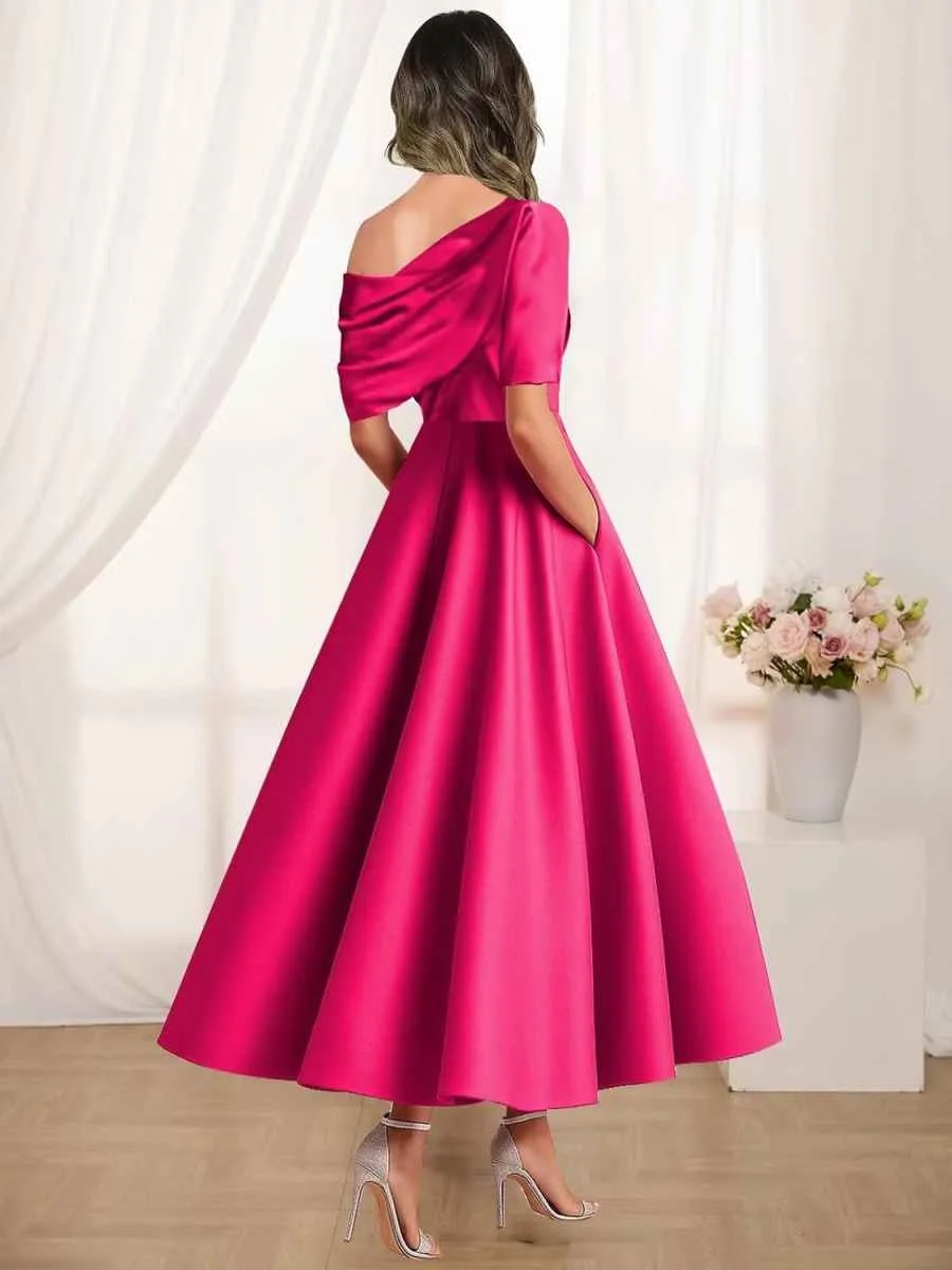 Satin A-line Tea Length  Formal Evening Dress One Shoulder Party Prom Gowns Elegant Mother of the Bride Groom Dress Customized