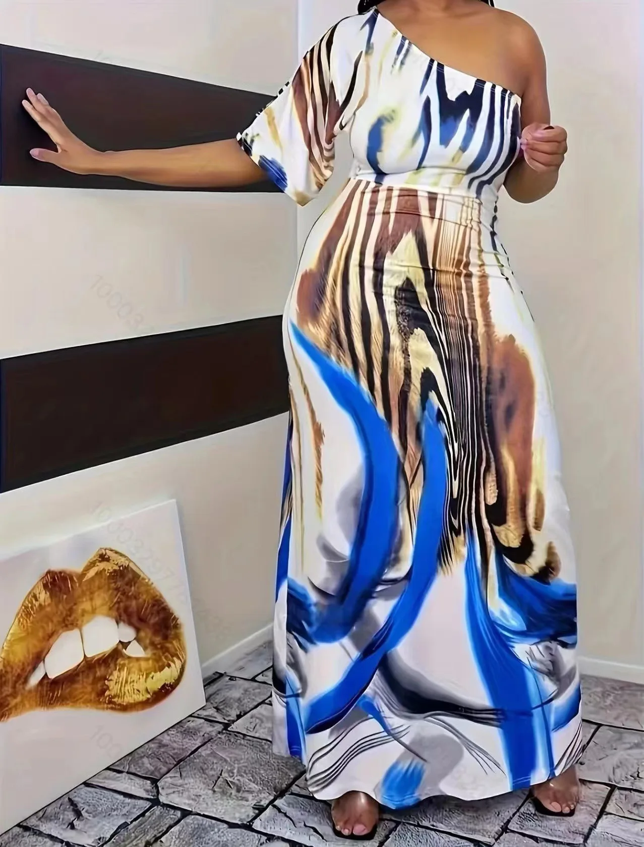 Plus size new women's fashion casual milk white printed single sleeved off shoulder dress long skirt - Image 5