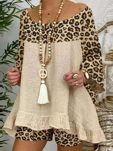 

Loose Casual Leopard Print Suit Women Elegant O-neck Long Sleeve Irregular Hem Splicing Top Elastic Waist Shorts Two-piece Set