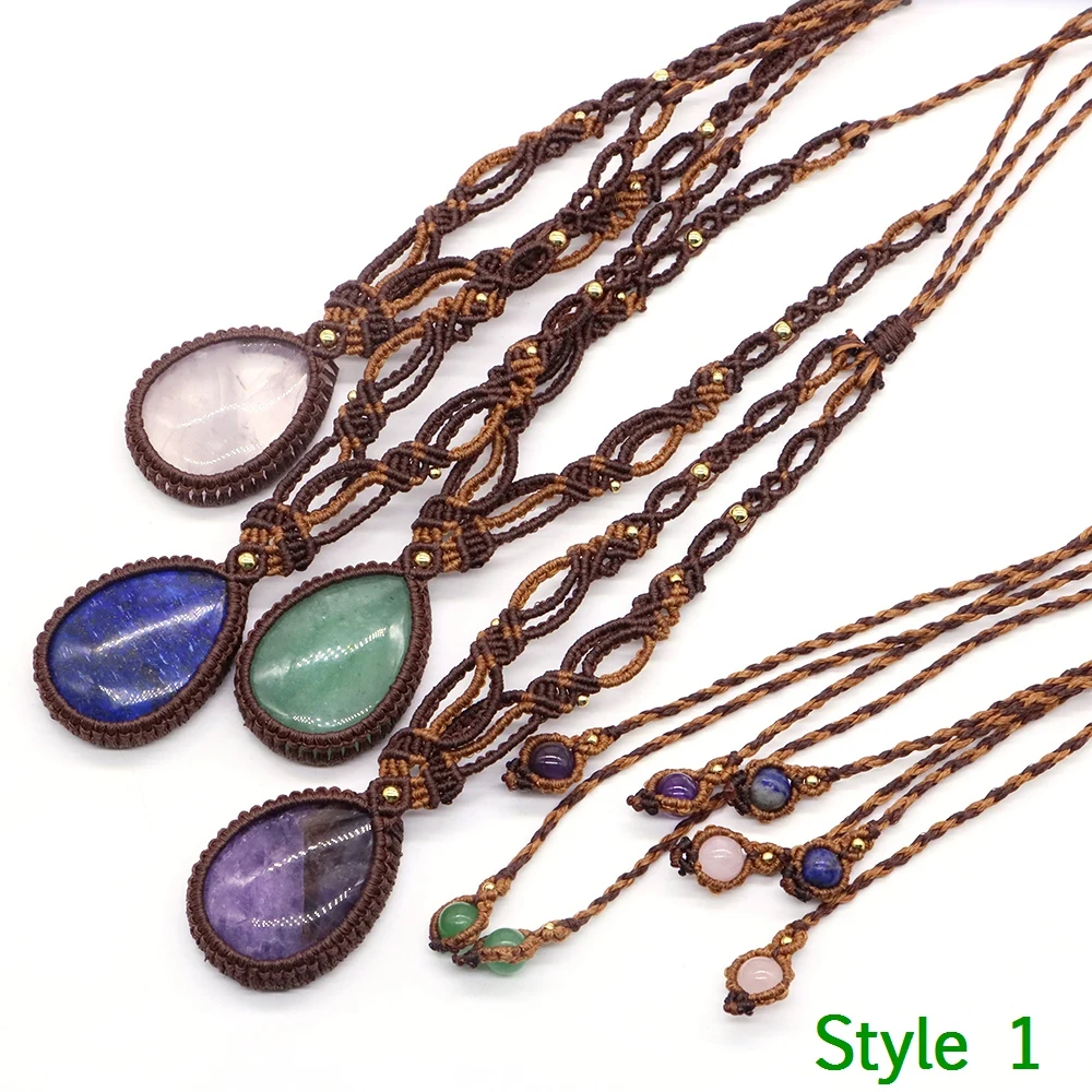Collier pendentif goutte d'eau en macramé bohème avec cristal naturel, fait main, enroulé de fil, pierre de guérison, bijou ras-du-cou pour femme, cadeau