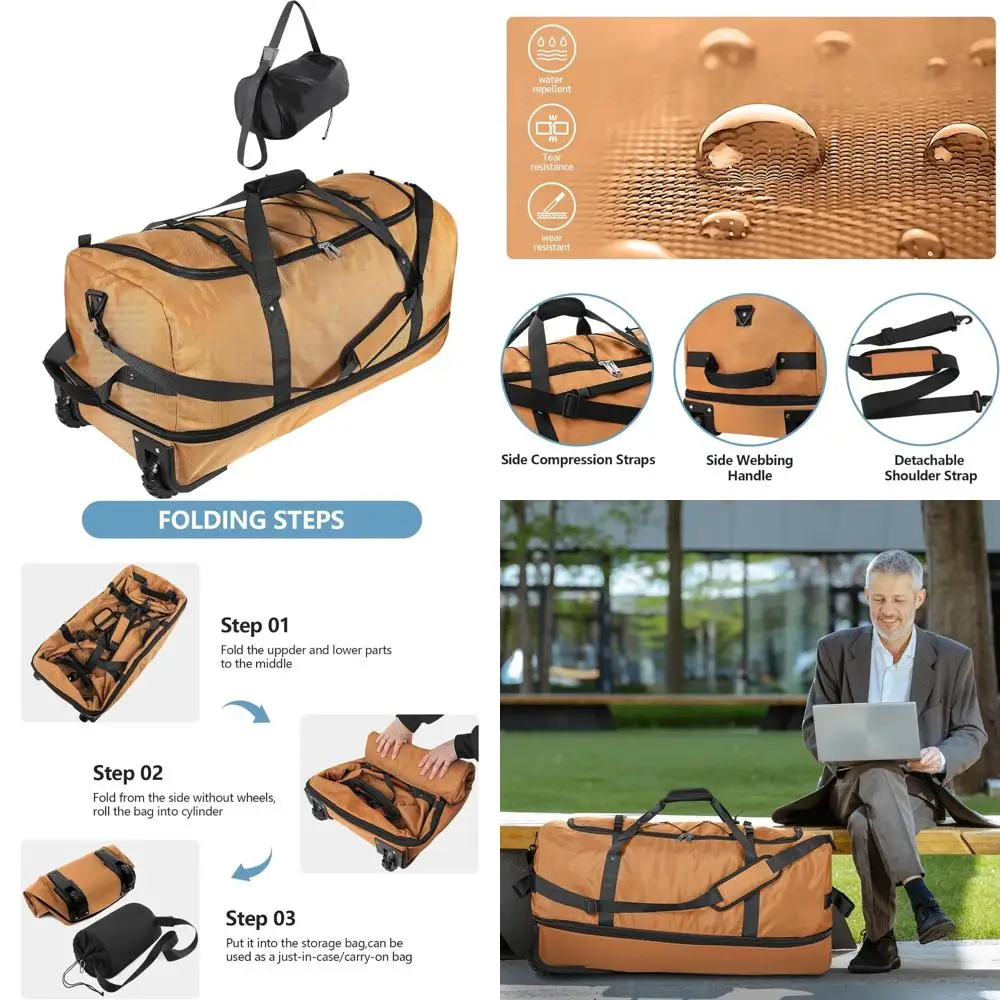 حقيبة سفر متدحرجة ناعمة الجوانب 110-140 لتر قابلة للتوسيع مع عجلتين، قماش أكسفورد 1680D، بني #1