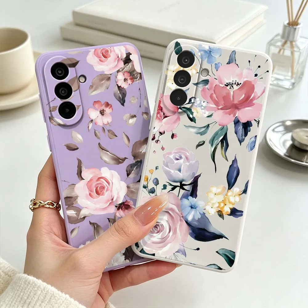 Watercolor Pink Blue Flowers Phone Case For Samsung Galaxy A71 A56 A55 A54 A53 A51 A17 A16 A07 A06 Soft Silicone Liquid Cover