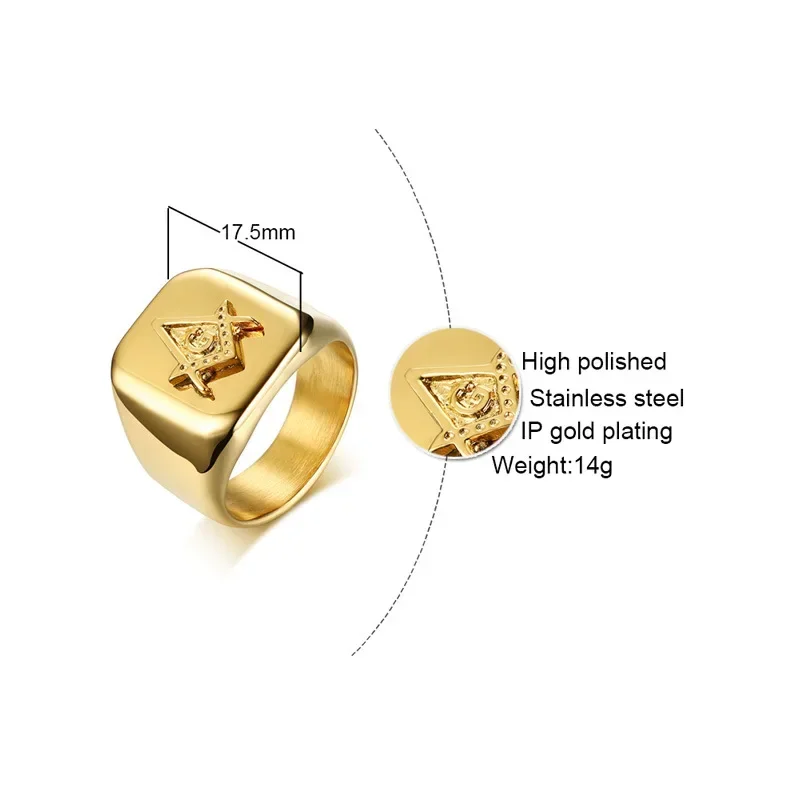 Gold Plated Stainless Steel High Polish Freemasonry Masonic Signet Ring for Men