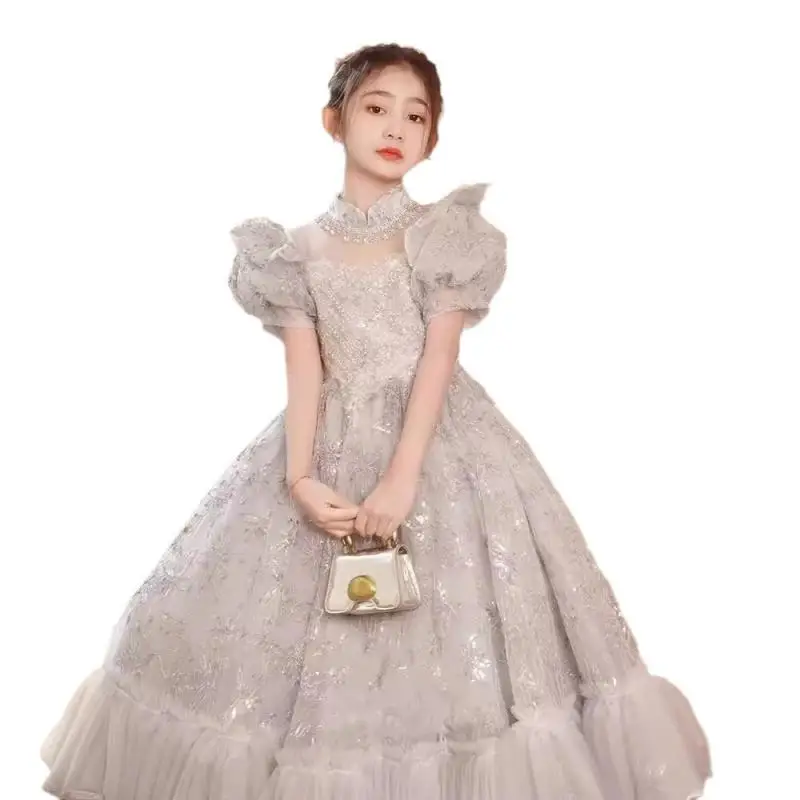 2024 Luxury Girl Children\'s Long Dress Elegant Noble Puff Sleeves Ball Gown for Children Kids Formal Evening Party Teen Costume