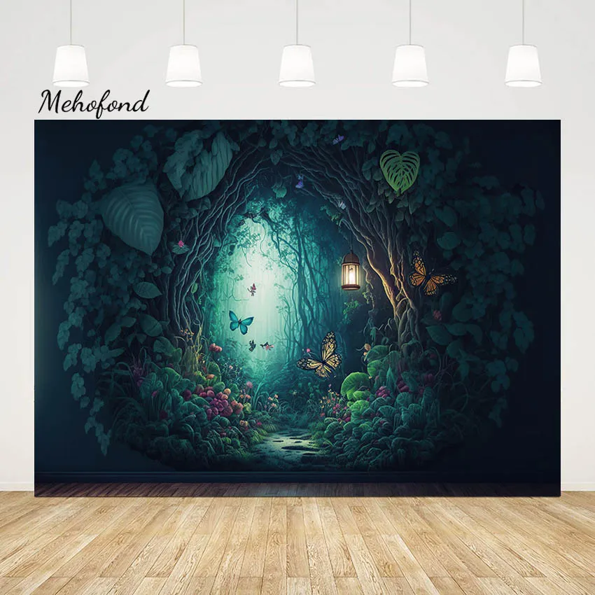 Mehofond Photography Backdrop Spring Forest Mysterious Scenery Kids Birthday Party Colorful Butterfly Decor Background Photocall