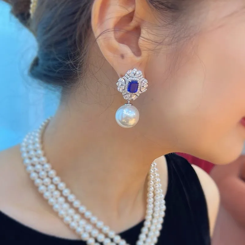 Chinese Pearl Diamond Earrings for Women Artificial Crystal Fashion Tanzanite Blue Gem Globular Pendant OL Holiday Gift