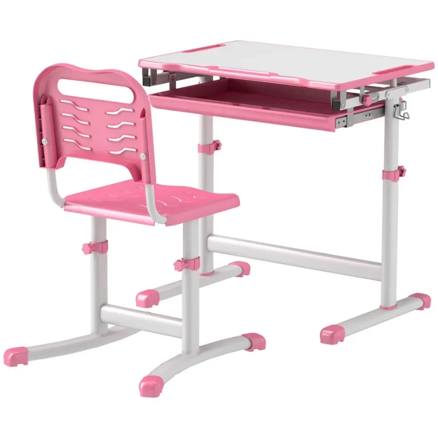 

Qaba eight Adjustable Desk and Chairs Set with Tilt Desktop Storage Drawer Pen Slot Hook Pink