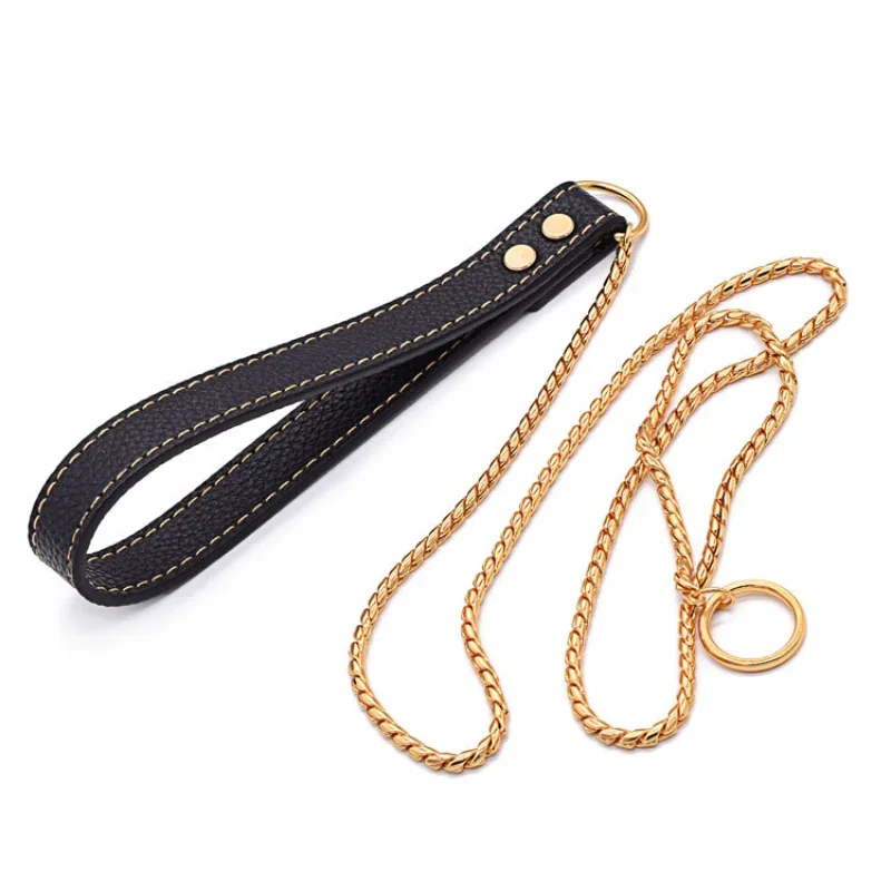 New Integrated Snake Chain P Chain Traction Chain Golden Stainless Steel Collar Dog Rope Dog Walking Dog Harness and Leash Set