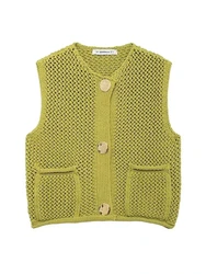 Women Fashion Sleeveless Coarse Needle Knitting Vest Sweater Female Chic Big Pockets Patch Buttons Cardigan Waistcoat Tops