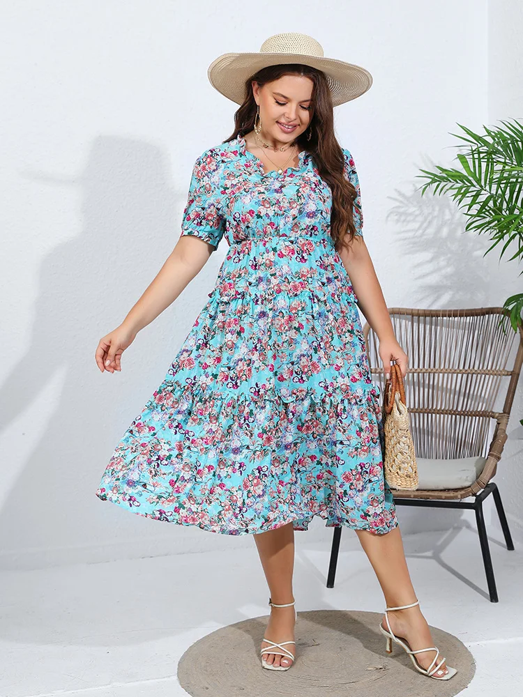 GIBSIE-Robe longue en mousseline de soie, grande taille, manches bouffantes, imprimé floral, vacances d\'été, Boho, plage, ourlet à volants, robes