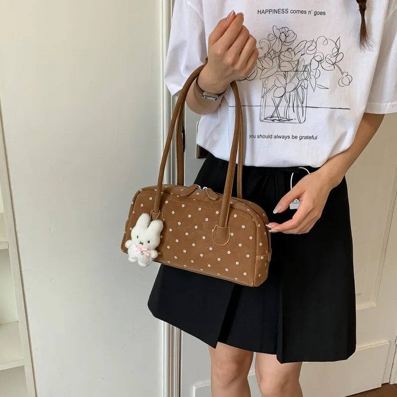 Fashion Polka Dot Printed Shoulder Bag Retro Matte PU Boston Bag Exquisite Versatile Commuter Underarm Bowling Bag Women Handbag