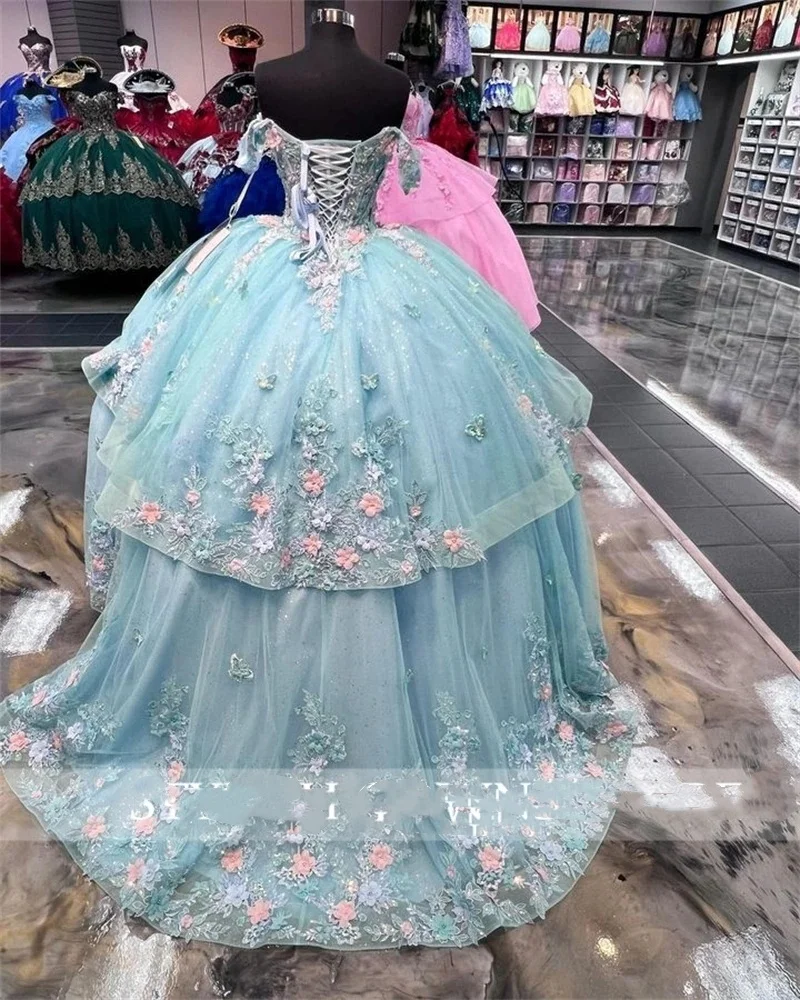المكسيك الأخضر قبالة الكتف الكرة ثوب Quinceanera اللباس للفتيات مطرز يزين عيد ميلاد حزب أثواب الطبقات فساتين حفلة موسيقية
