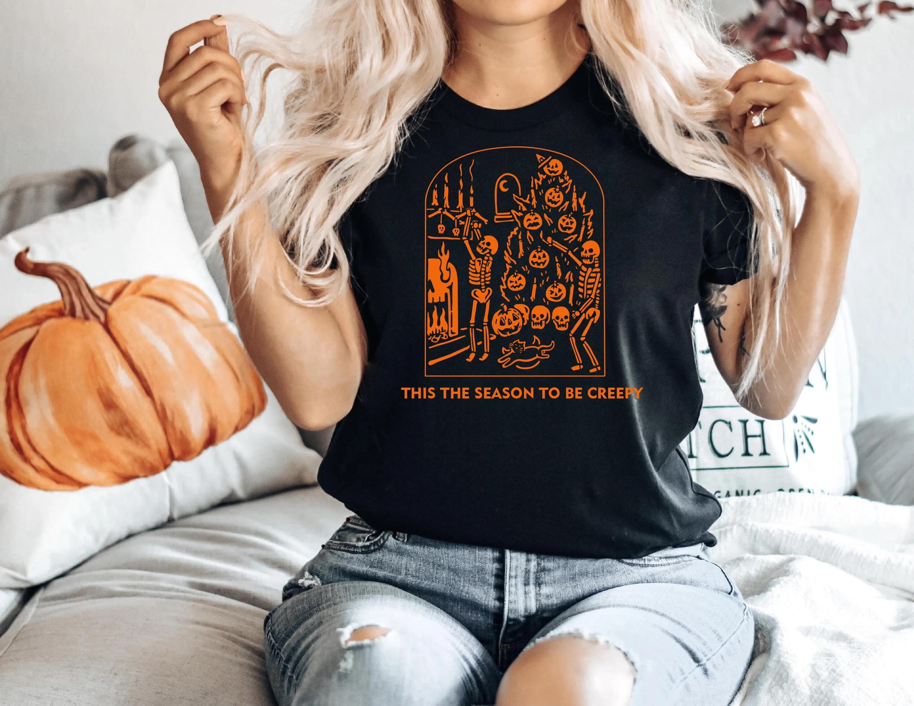 Tis The Season To Be Creepy Halloween Skeleton Party T Shirt Spooky Scaredy Cat Pumpkin Ghost Sweashirt