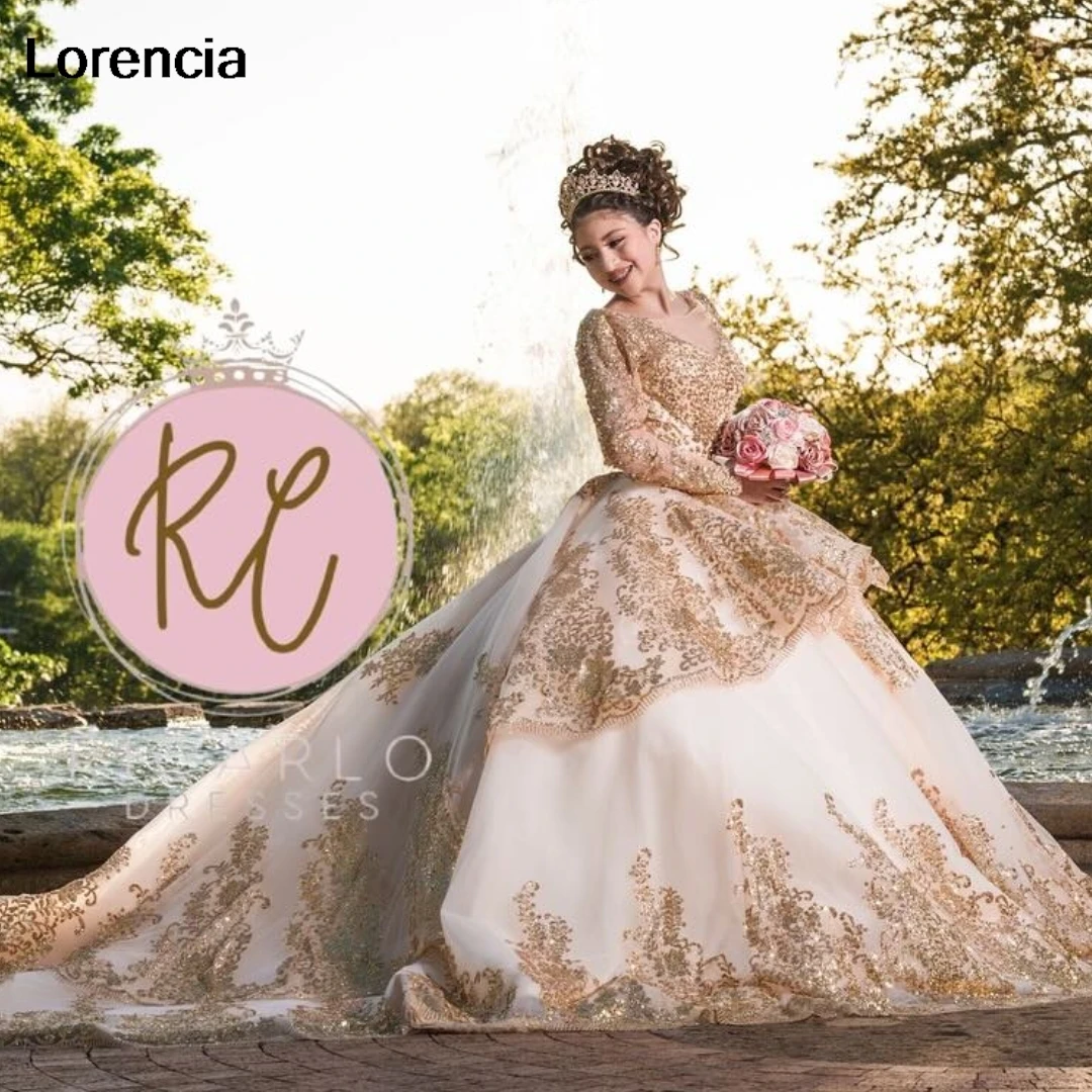 Customized Mexican White Quinceanera Dress Ball Gown Gold Lace Applique Beaded Long Sleeve Sweet 16 Vestidos De 15 Años YQD849