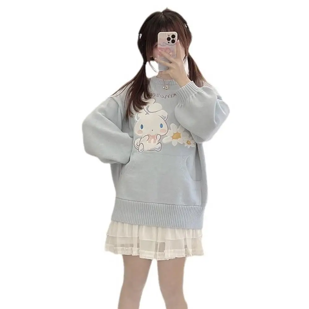 Anime Sanrio Cinnamoroll Girl Embroidery Sweater Spring Autumn Cartoon Cute Loose and Sweet Knitted Tops Long Sleeves Gifts