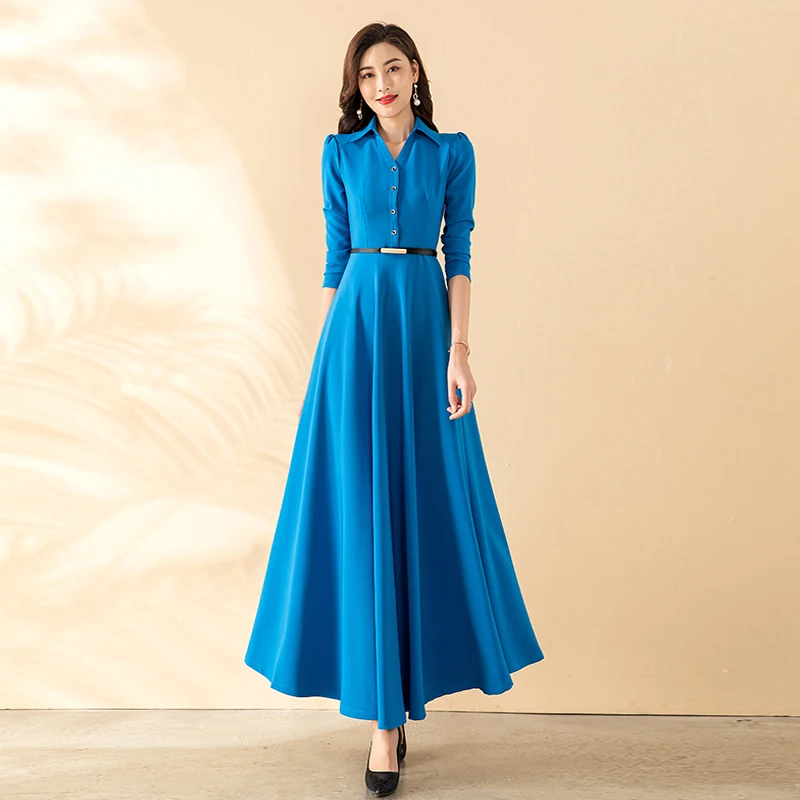 

New Women Spring Autumn Blue Shirt Dress Simplicity Fashion Turn-down Collar Long Sleeve Overlength Dress Elegant Slim Dress