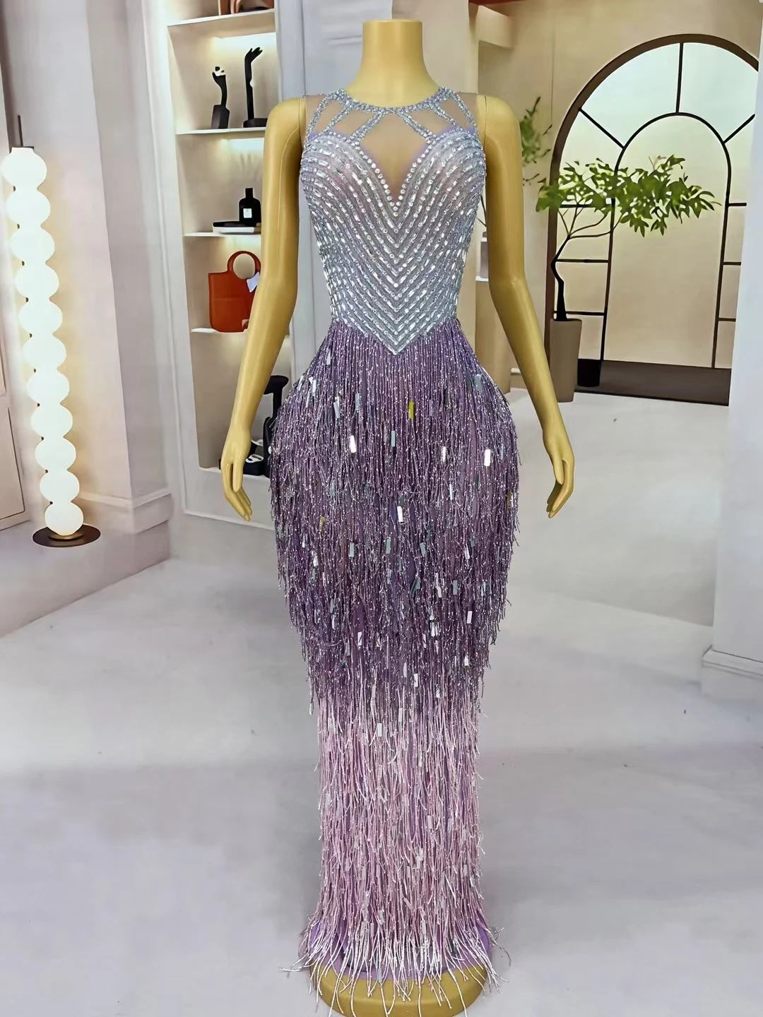 High-end Prom Long Dress Women Sparkly Rhinestone Tassel Evening Gown Birthday Night Party Festival Celebrate Sexy Dress Piaoliu