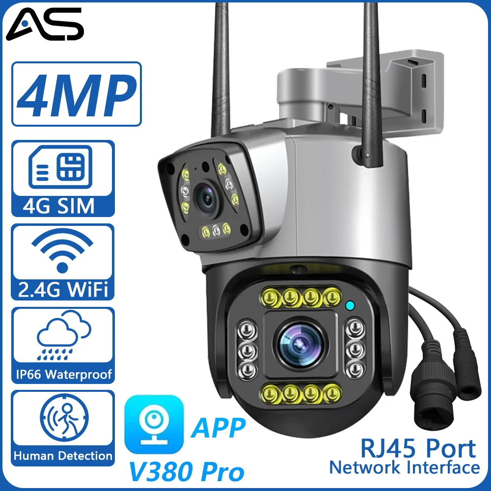 

4MP 4G SIM card dual lens PTZ camera dual screen AI human tracking WIFI security closed-circuit television monitoring IP camera