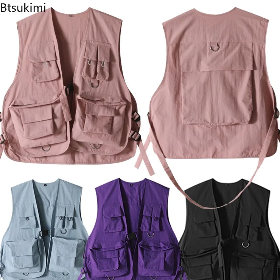 Multi Pockets Cargo Vests Men's Solid Casual Hip Hop Style Sleeveless Vest Jackets Men Women Loose All-match Outdoor Work Tops