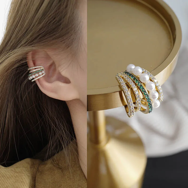 Image of Heißer Verkauf Breite Ohr Manschetten Clip auf Ohrringe für Frauen Ohne Piercing Perle Kristall Knorpel Earcuffs Hochzeit Ohr Clips Schmuck