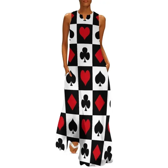 Fashion Poker Print Long Dress Spades Card Vintage Maxi Dress Sexy V-Neck Graphic Bohemia Beach Dress Women Casual Robe Vestidos