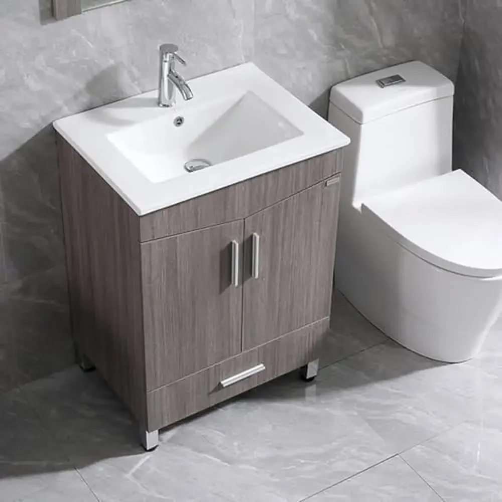 Conjunto de tocador de baño, armario de lavabo de 24 ", almacenamiento de espejo, recipiente de cerámica duradero, Chorme, superficie lisa, imagen de alta definición