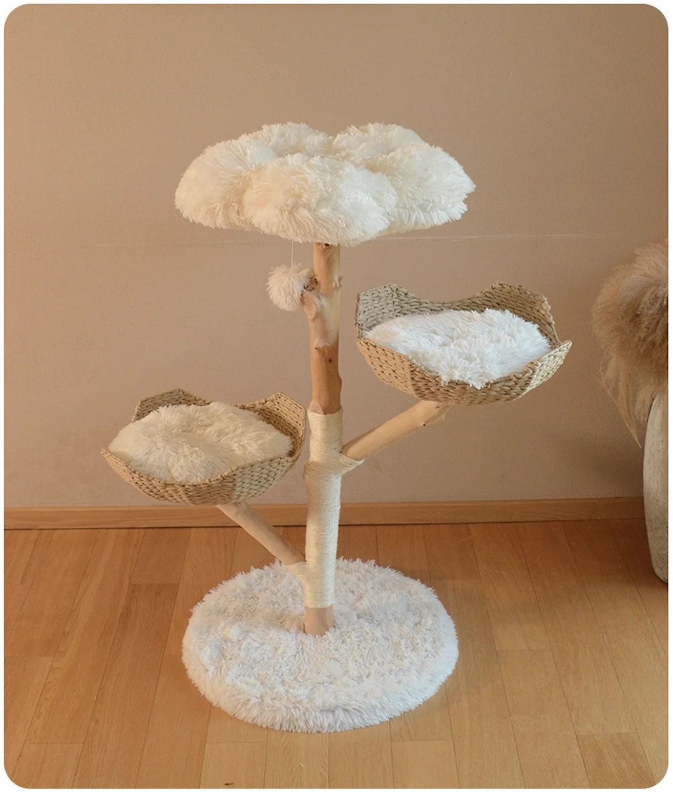 Classic Natural Fruitwood Cat Tree With Soft Petal Cat Bed Two Woven Baskets One Hanging Ball Easy To Assemble